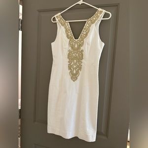 Lilly Pulitzer Resort White Gold Lace Embroidered Sleeveless Shift Mini Dress
